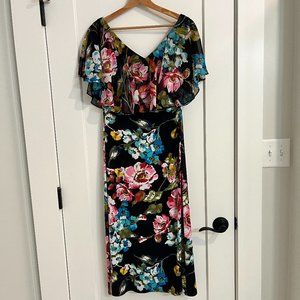 Connected Apparel Black Floral Print Jersey Midi Dress Size 8 Petite